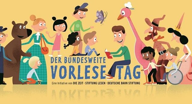 Illustration mit vielen Figuren und Text zum Bundesweiten Vorlesetag