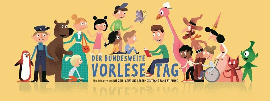 Illustration mit vielen Figuren und Text zum Bundesweiten Vorlesetag