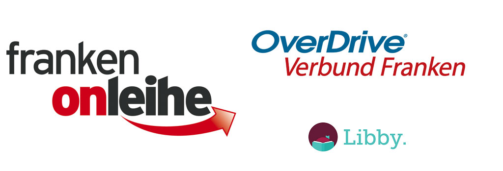 Logos der Onleihedienste Franken-onleihe, Overdrive und der Libby-App