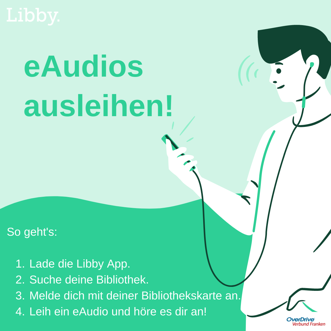 Illustration eines jungen Mannes der über sein Handy ein eAudio anhört , daneben steht erklärender Text als Anleitung wie das über die Libby-App funktioniert.