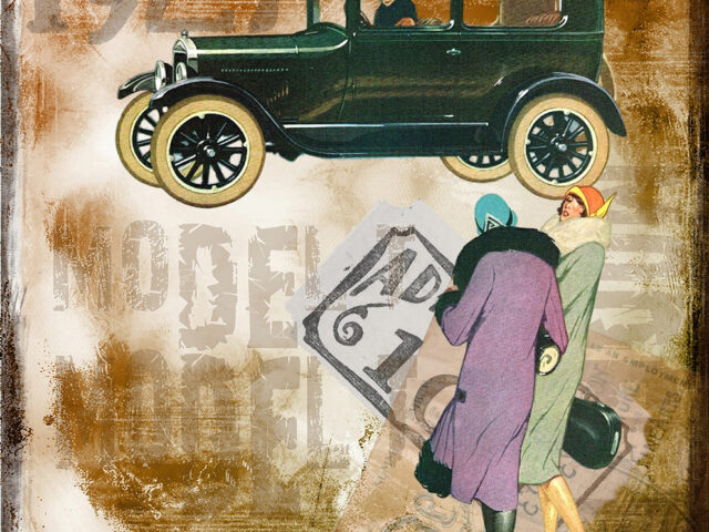 Alte Zeichnung mit Dame und Auto aus den 1920er Jahren