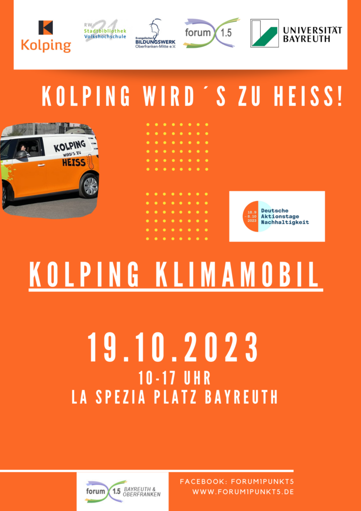 Ein Plakat, vorwiegend Orange, auf dem Informationen zu der Aktion Kolping Klimamobil stehen