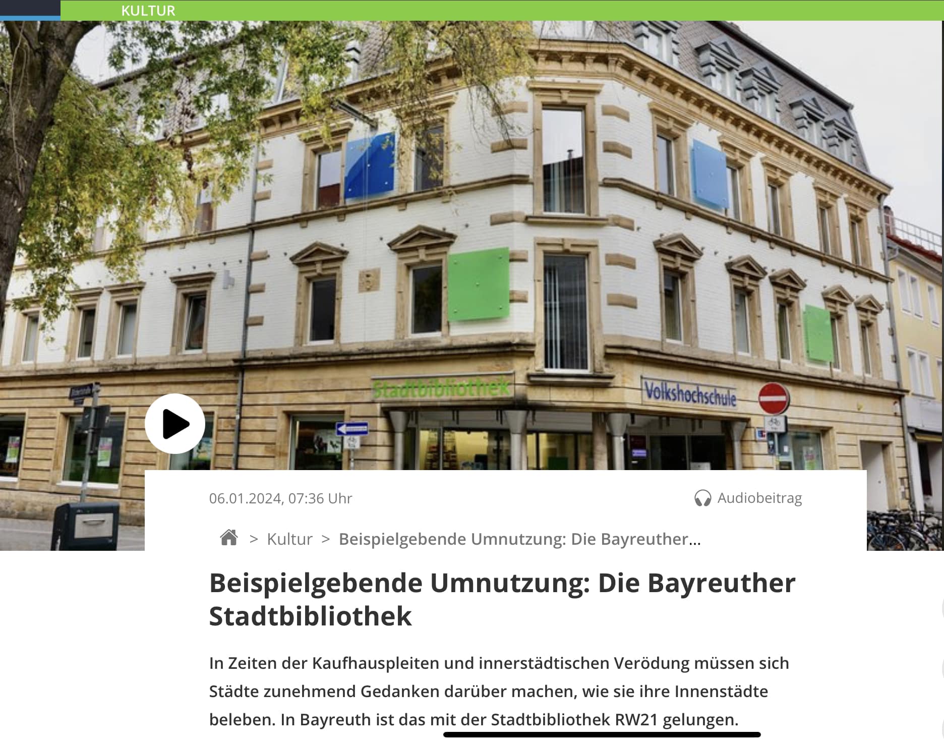 Screenshot eines Internetbeitrags auf der Seite des BR Kultur.
