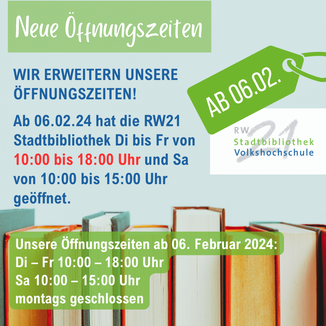 Bücher im Hintergrund mit neuen Öffnungszeiten ab Februar 2024