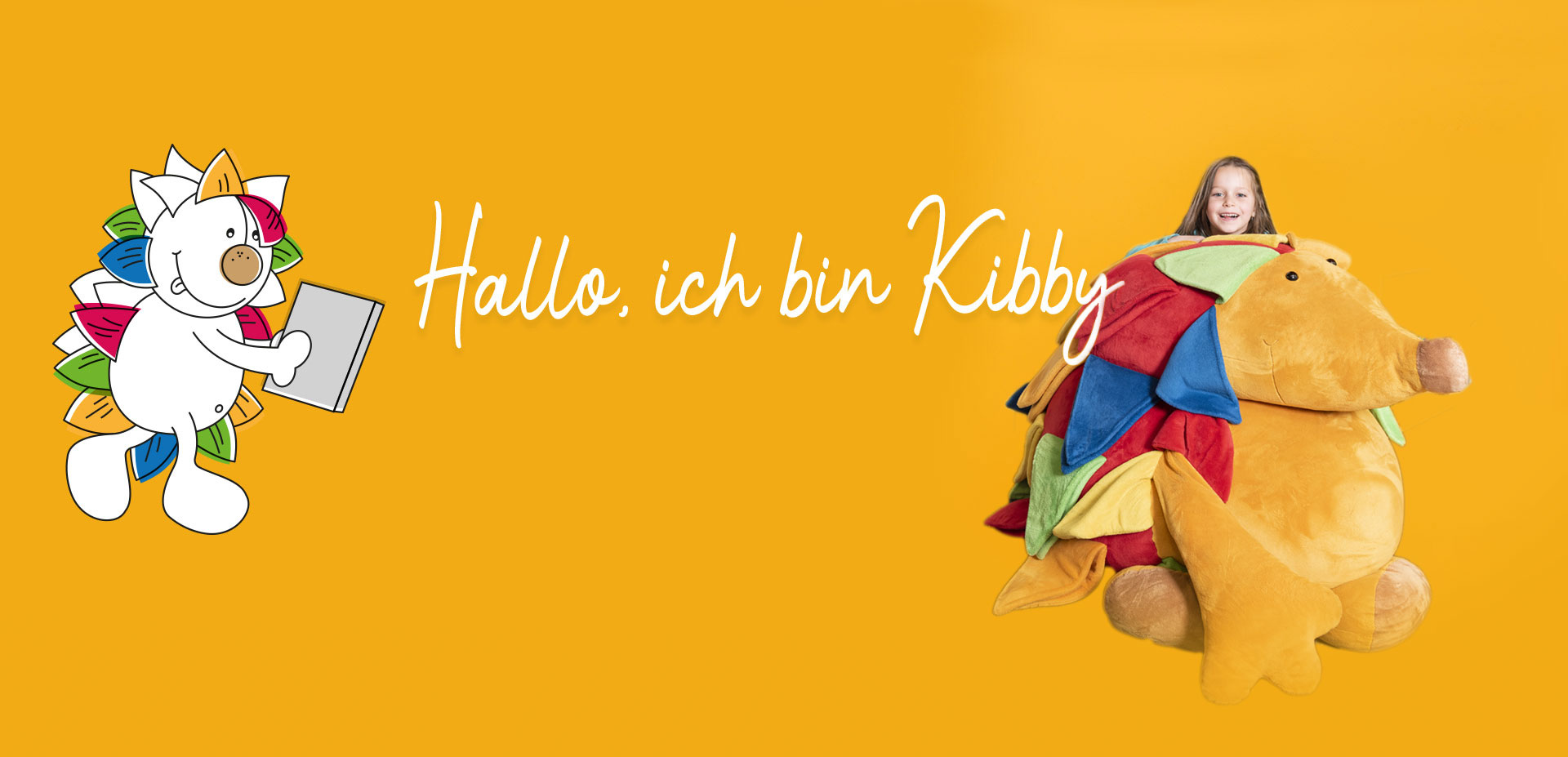 Hallo, ich bin Kibby – Kuscheltier Kibby und ein Kind das lacht