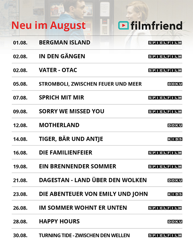 Liste mit Filmtiteln des Streamingdienstes filmfriend im August 2024