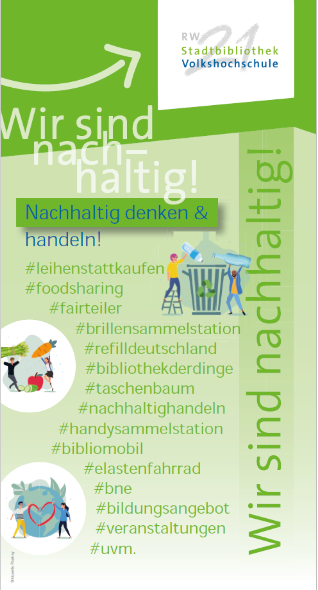 Ein Banner zum Thema Wir sind nachhaltig mit verschiedenen Hashtags und Icons