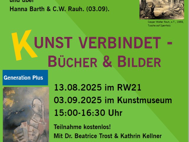 Ein Plakat mit den Informationen zur Veranstaltung, zusätzlich sind noch zwei Kunstbilder zusehen.