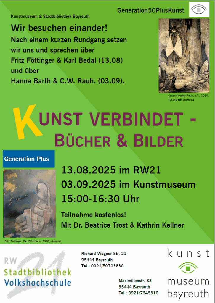 Ein Plakat mit den Informationen zur Veranstaltung, zusätzlich sind noch zwei Kunstbilder zusehen.